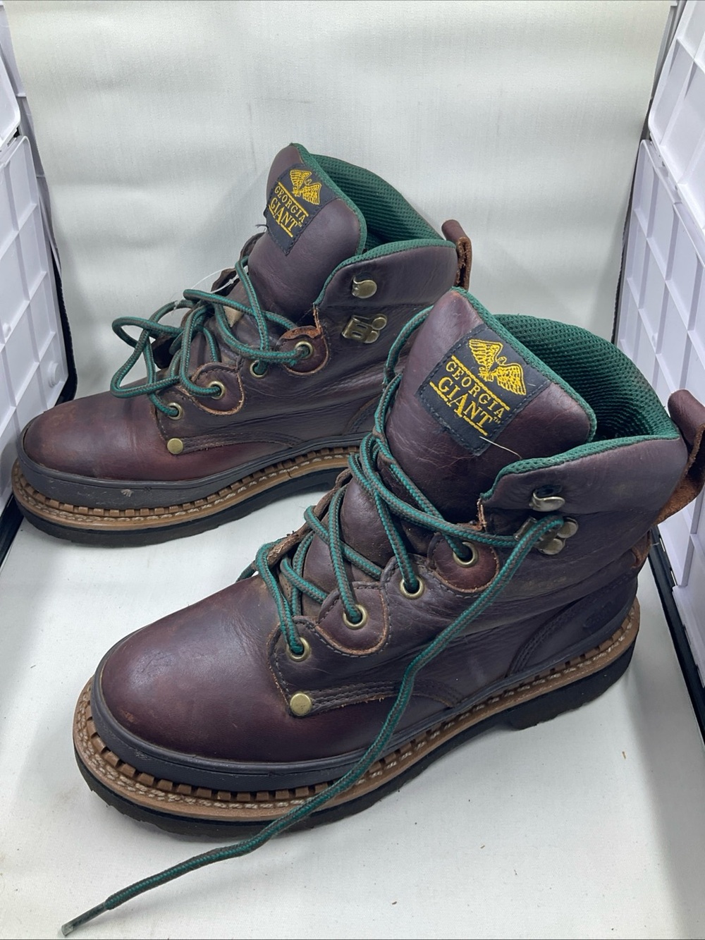 Men's Brown Leather Work Boots with Green Accents